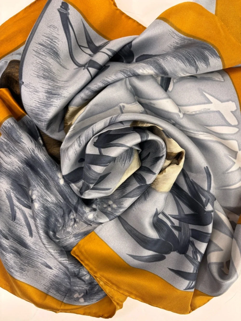 Vintage Silk Panda Print Large Square Scarf Blue Grey Mustard Border‎